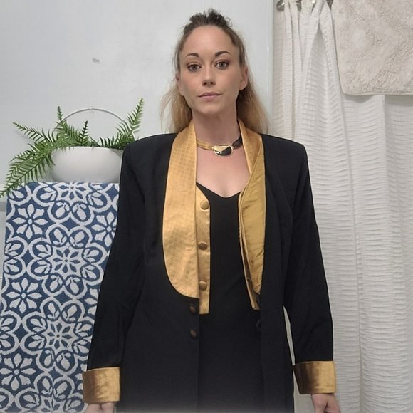 Vintage 90s Gold Lapel Vogue Midi Blazer Vest Jacket - Picture 1 of 15
